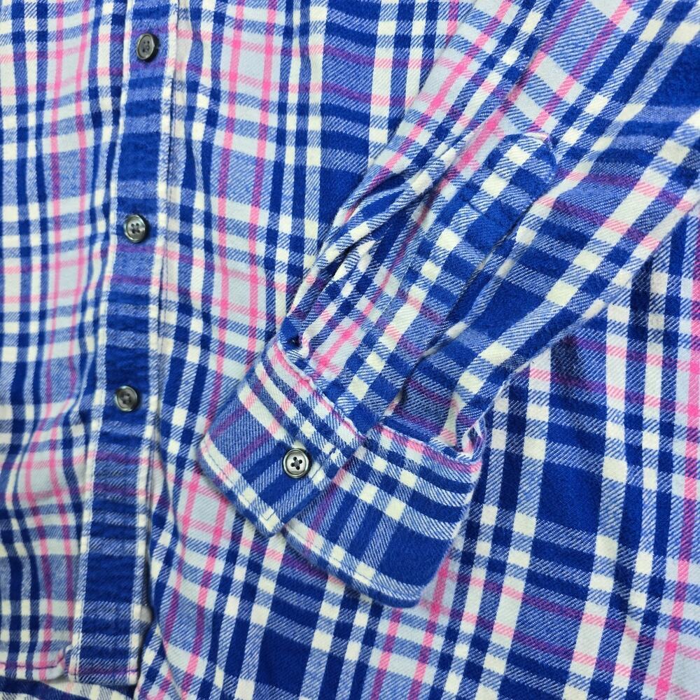 Lands End Flannel Button Shirt Blouse Women's 14 Blue Pink Cottage Farm Ranch - Picture 2 of 9